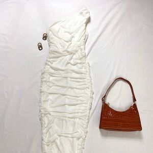 White Single Shoulder Ruched Mesh Bodycon Dress